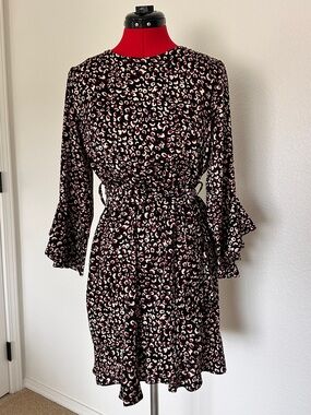 Nabila Black and Pink Leopard Print Tie-Waist Dress